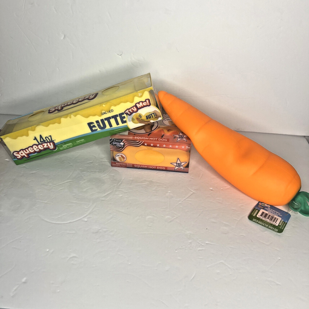 Set Of 3 SUNNY DAYS JUMBO SQUISHY Hot Dog Squishy, Butter & Carrot NEW
